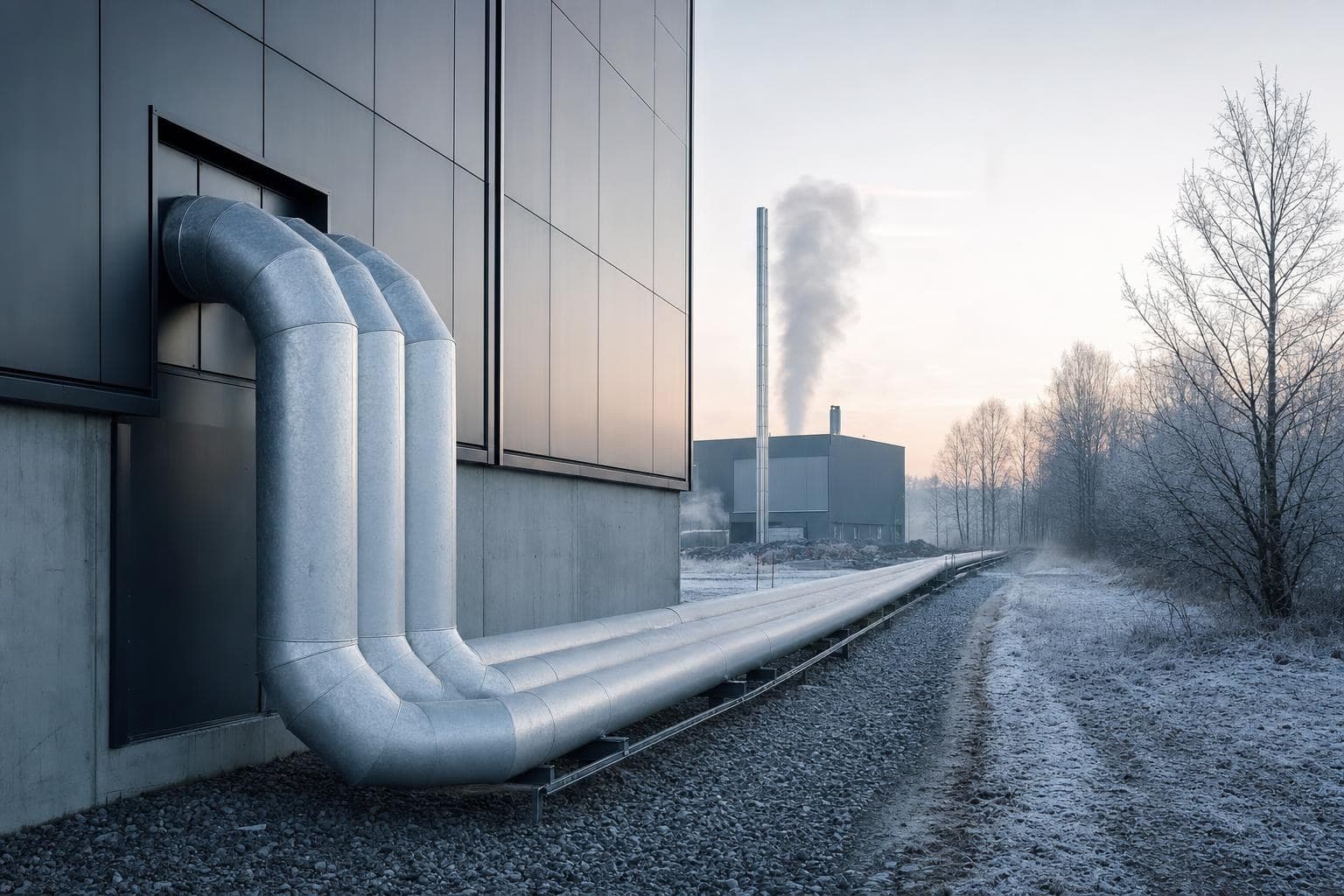 Three insulated heat pipes leaving the facade of a dark hall and running along a gravel path to a heating station