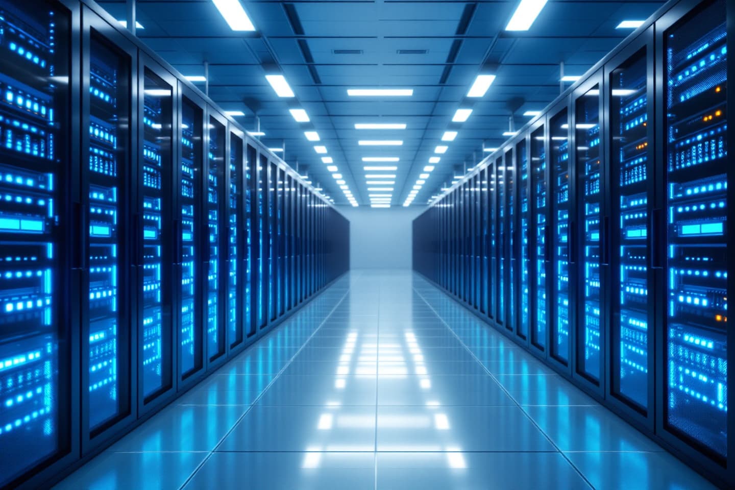 Serverhalle mit gekühlten Racks und gleichmäßiger Beleuchtung
