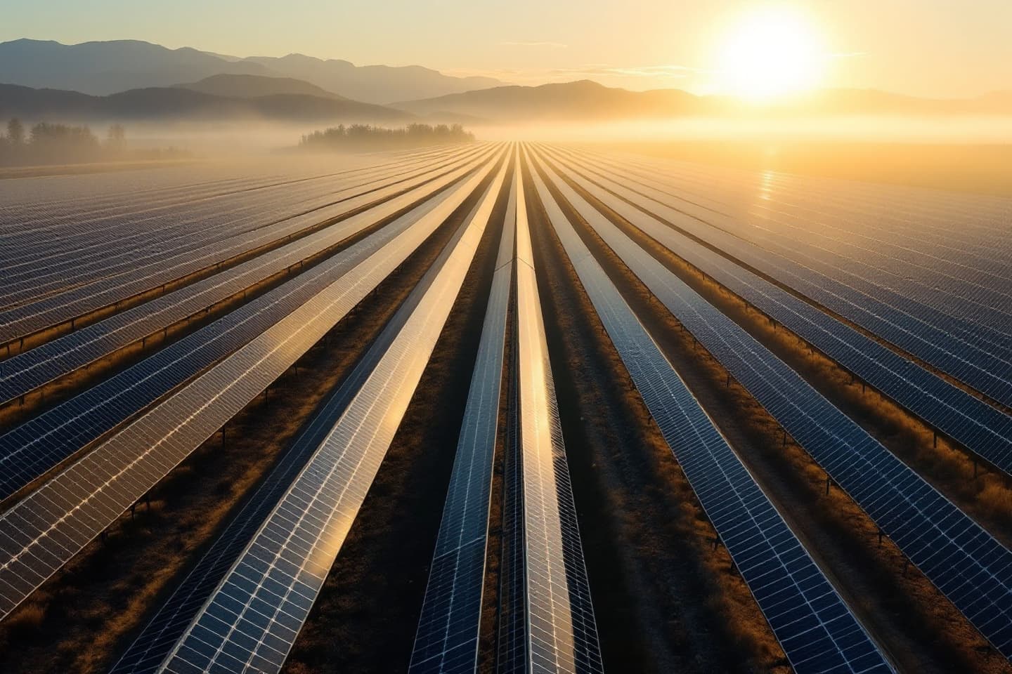 Weitwinkelaufnahme einer Freiflächen-Solaranlage bei Sonnenaufgang
