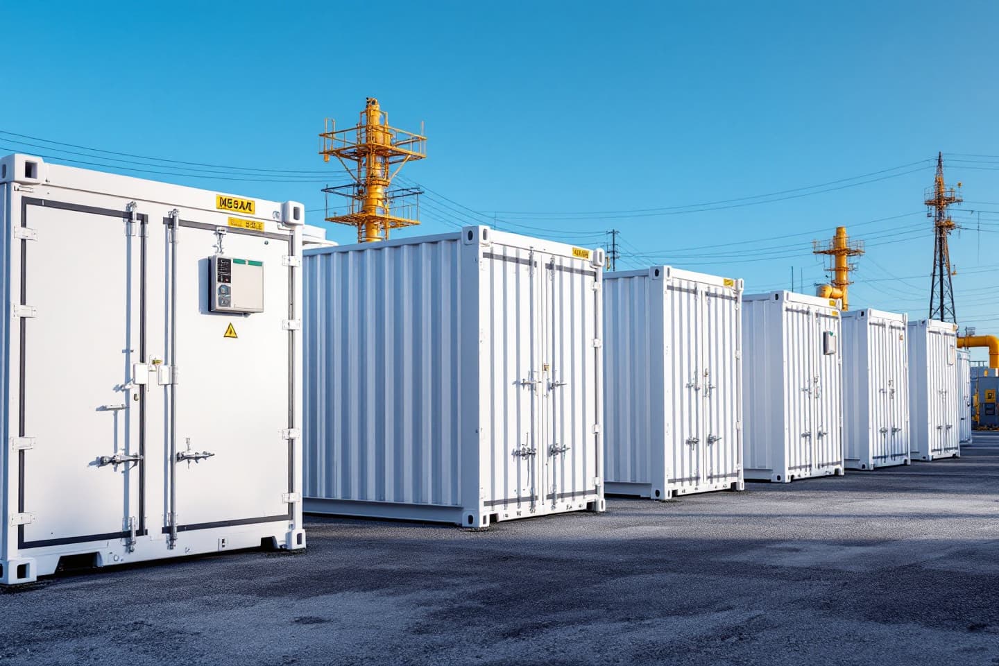 Reihe von Batteriespeicher-Containern auf einem Industriegelände