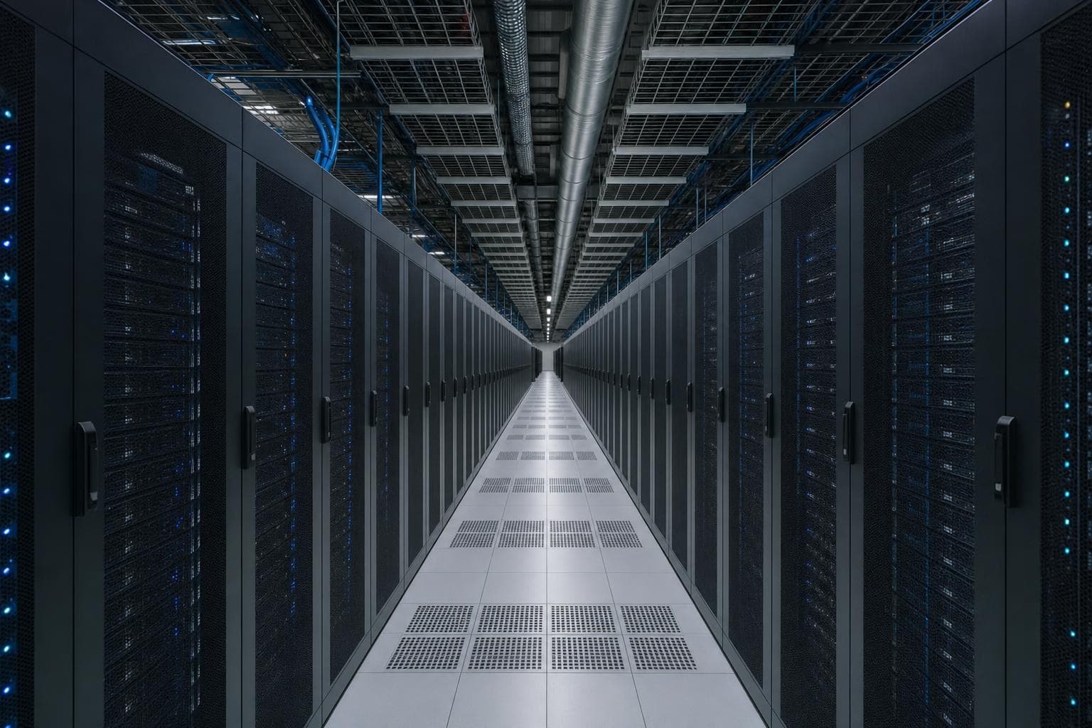 Kaltgang einer Serverhalle zwischen Reihen dunkler Racks mit blauen Statusleuchten