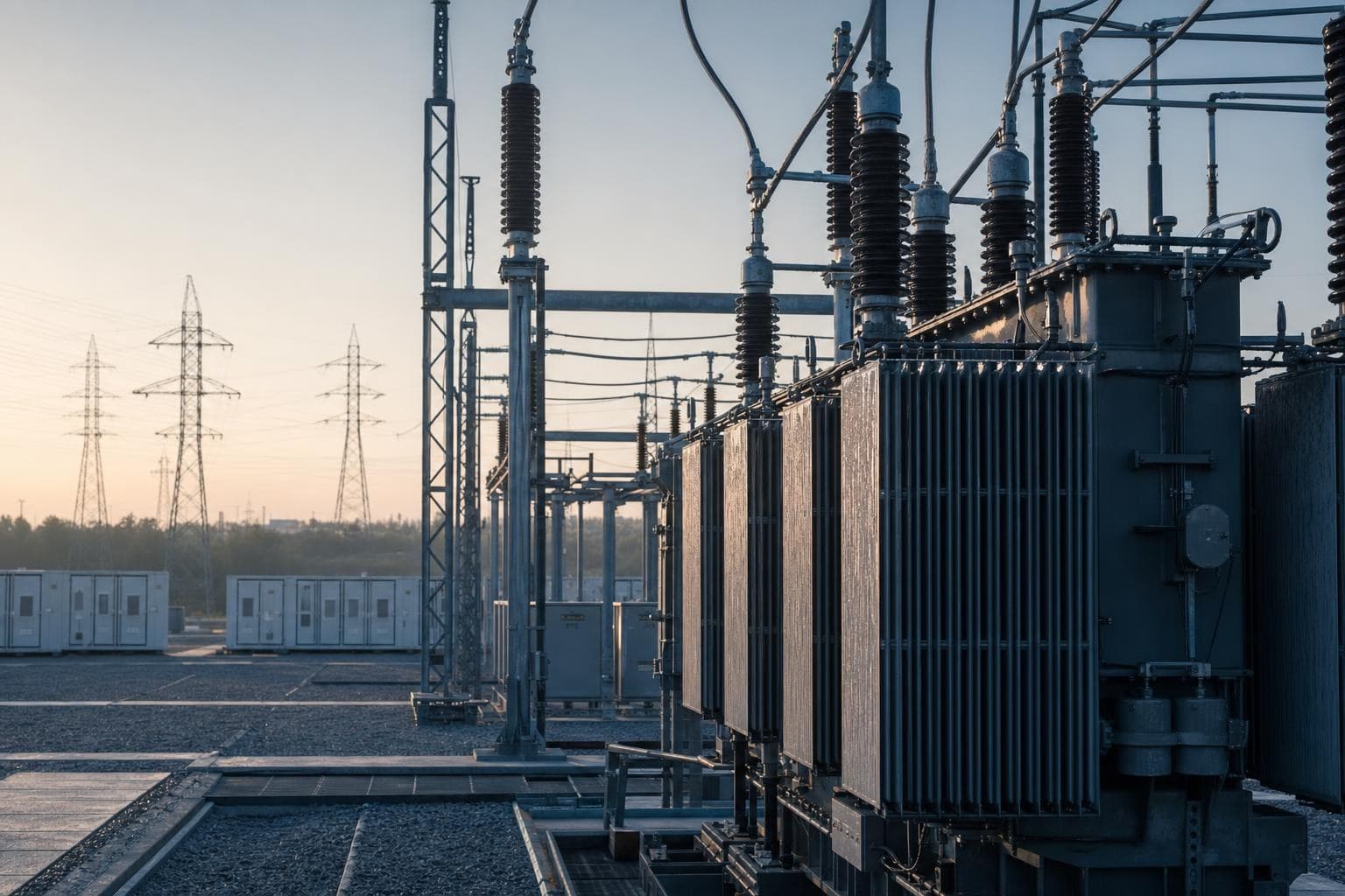 Transformatoren und Isolatoren eines Umspannwerks im Morgenlicht, im Hintergrund Freileitungsmasten und Batteriespeicher-Container