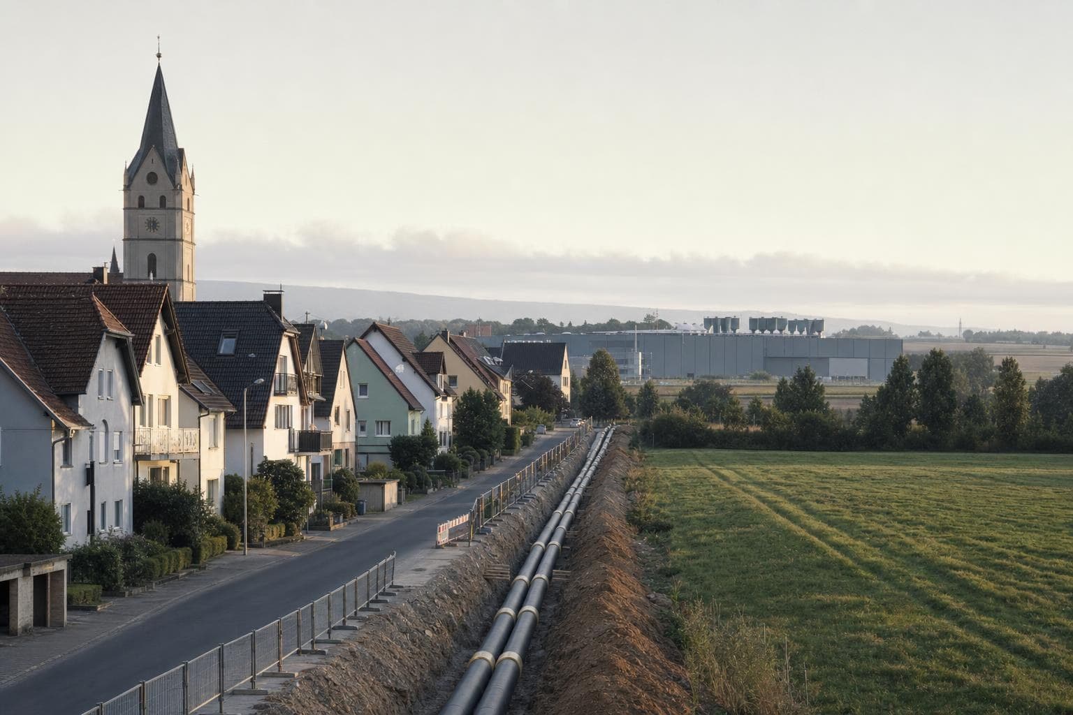 Wohnstraße einer kleinen Stadt mit Kirchturm, entlang der Straße ein Graben mit Fernwärmerohren, am Horizont eine Industriehalle mit Kühlgeräten